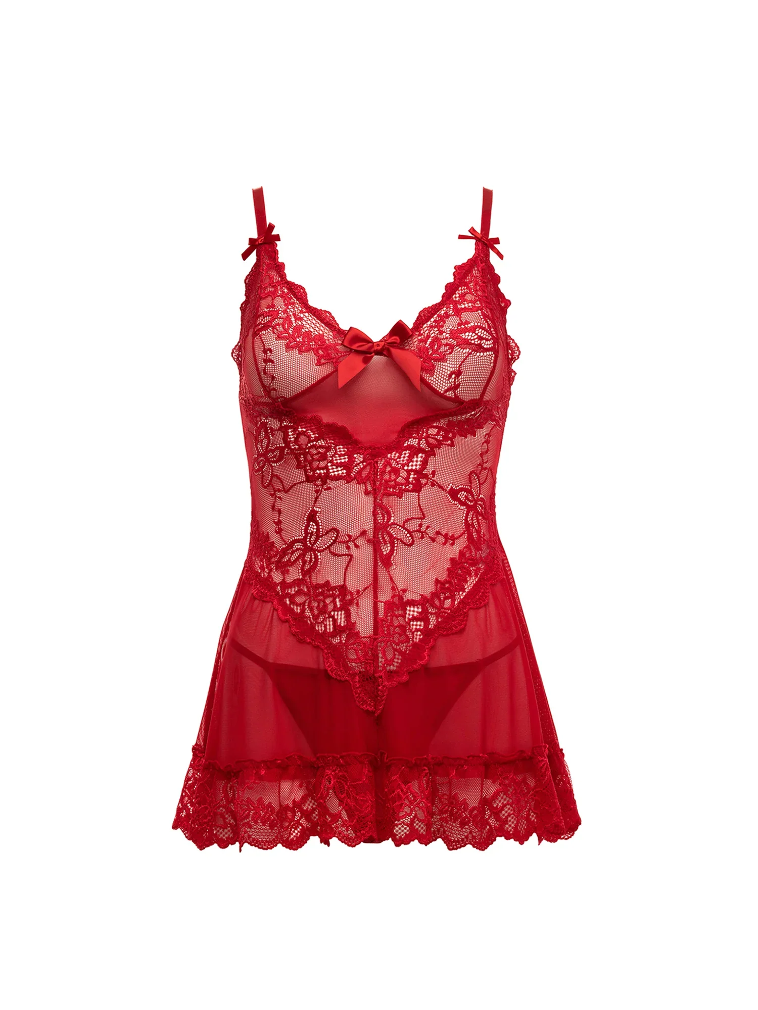 Valentine Soft Cup Lacey Plus Size Babydoll With Bows And G-string Panty