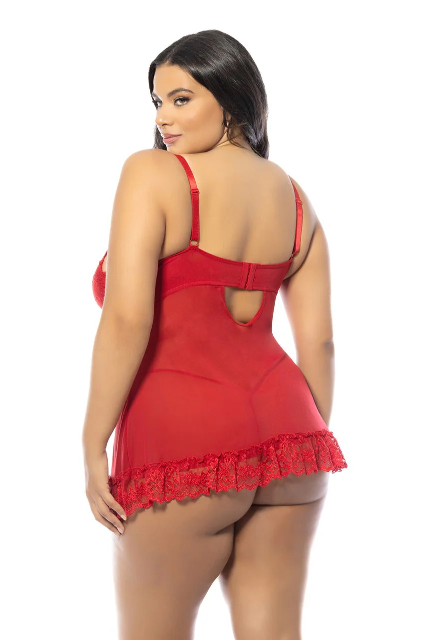 Valentine Soft Cup Lacey Plus Size Babydoll With Bows And G-string Panty - Image 3