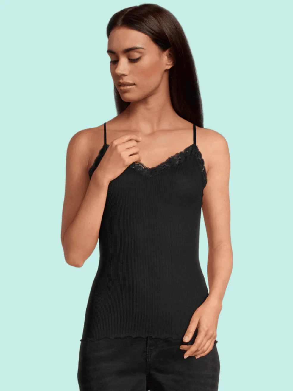 Lettuce Edge Ribbed Wool & Silk V-neck Camisole Top With Lace